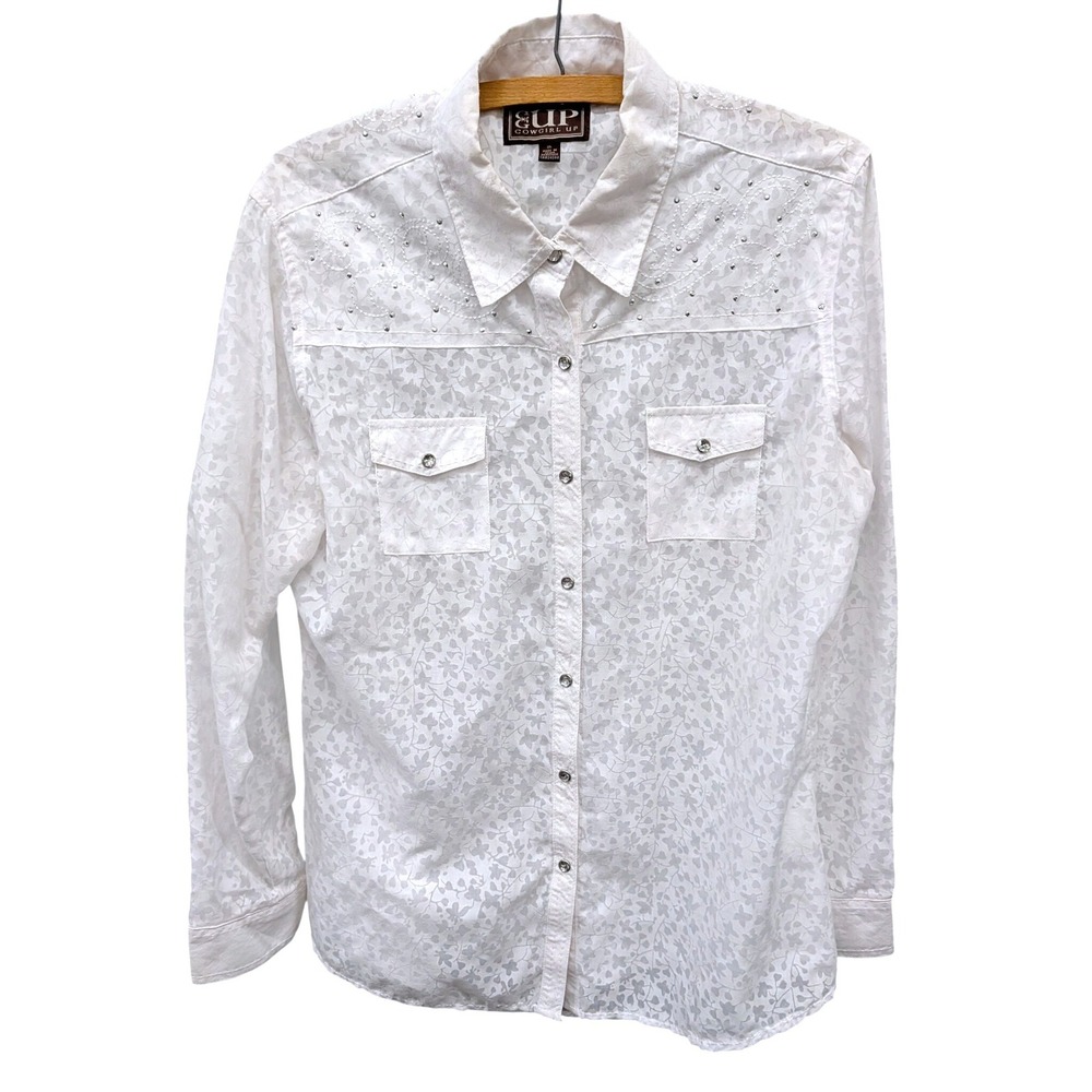 Cowgirl Up Women's White Floral Burnout Western Snap Shirt Rhinestone Rodeo- XL